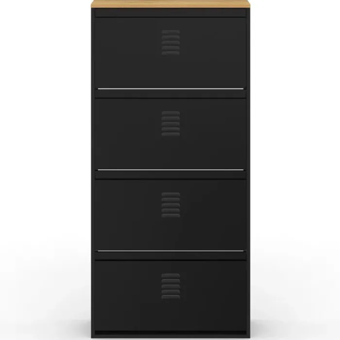 Meuble à chaussures 24 paires 4 portes métal noir et plateau bois design industriel
