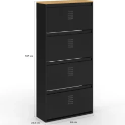 Meuble à chaussures 24 paires 4 portes métal noir et plateau bois design industriel