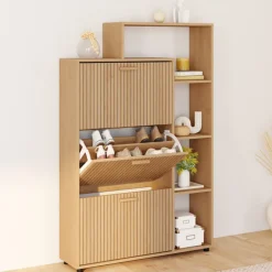 Meuble à chaussures 18 paires 3 portes avec étagères lattes tasseau bois coloris chêne
