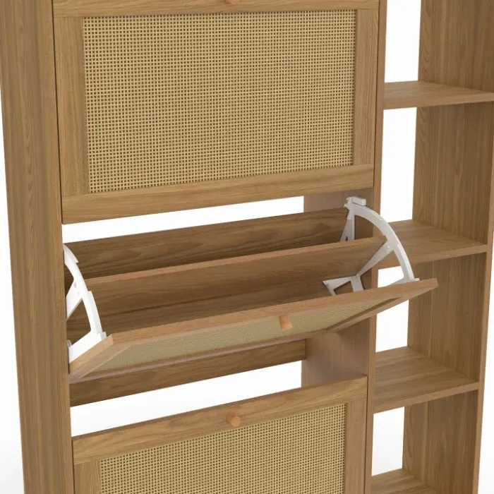 Meuble à chaussures 18 paires 3 portes effet naturel cannage avec étagère