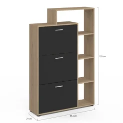 Meuble à chaussures 3 portes noires avec étagères