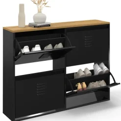 Meuble à chaussures industriel 20 paires 4 portes métalliques plateau bois
