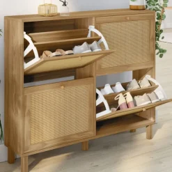 Meuble à chaussures 20 paires et 4 portes vintage effet naturel cannage
