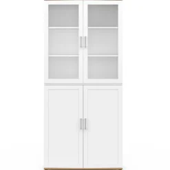 Meuble armoire colonne salle de bain VITO 4 portes dont 2 vitrées blanc et bois