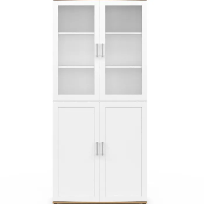 Meuble armoire colonne salle de bain VITO 4 portes dont 2 vitrées blanc et bois