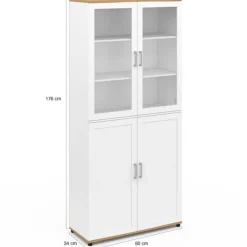 Meuble armoire colonne salle de bain VITO 4 portes dont 2 vitrées blanc et bois