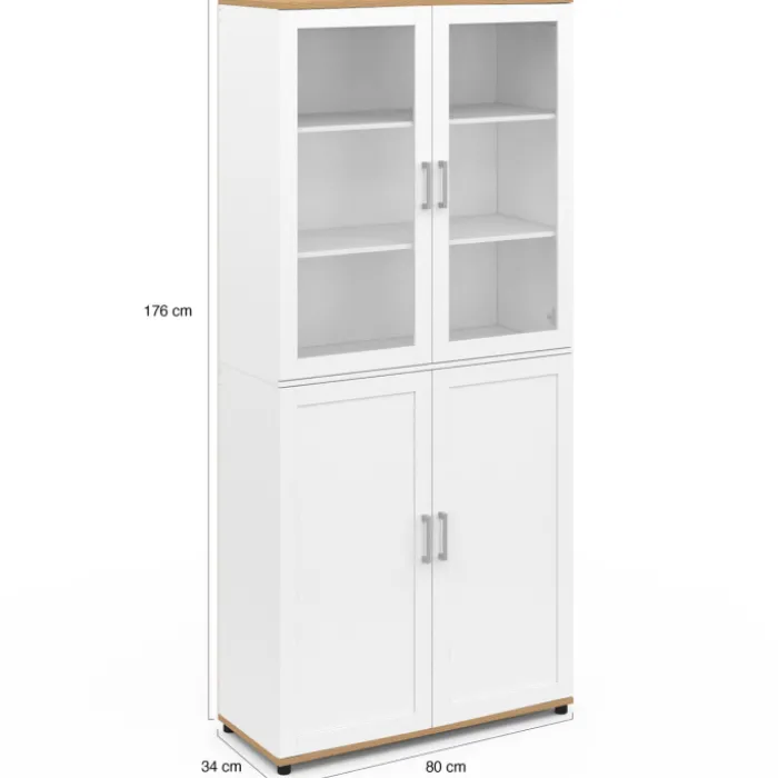 Meuble armoire colonne salle de bain VITO 4 portes dont 2 vitrées blanc et bois