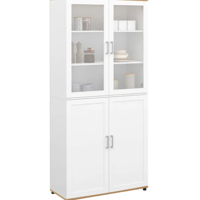 Meuble armoire colonne salle de bain VITO 4 portes dont 2 vitrées blanc et bois