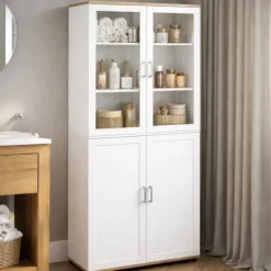 Meuble armoire colonne salle de bain VITO 4 portes dont 2 vitrées blanc et bois