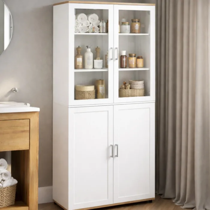 Meuble armoire colonne salle de bain VITO 4 portes dont 2 vitrées blanc et bois