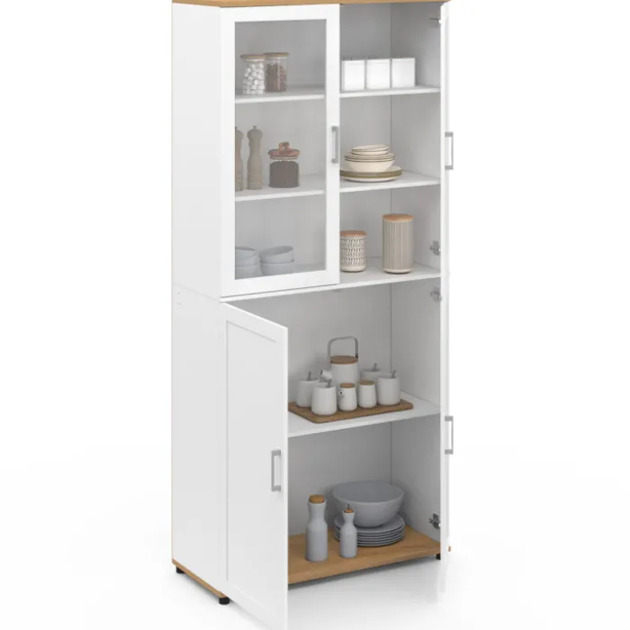 Meuble armoire colonne salle de bain VITO 4 portes dont 2 vitrées blanc et bois