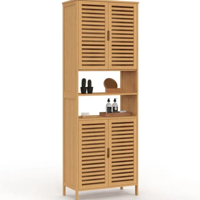 Meuble armoire colonne salle de bain 4 portes et 2 niches bambou
