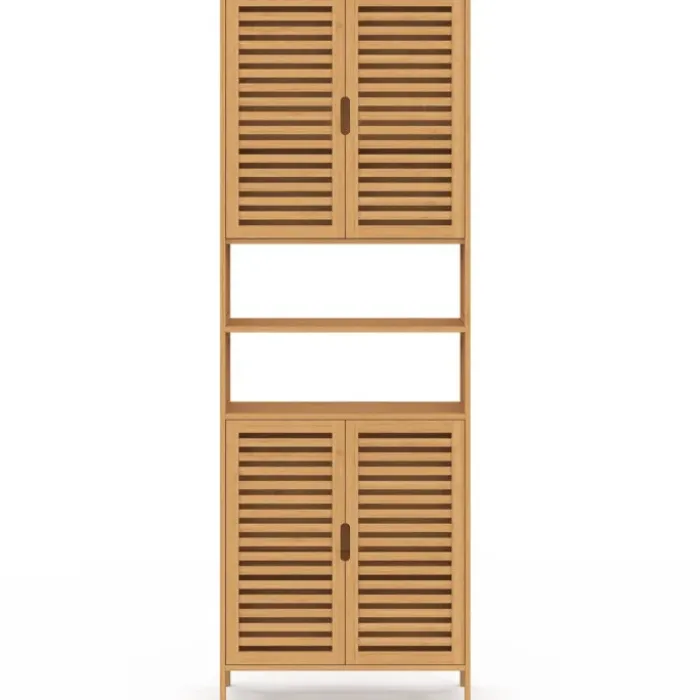 Meuble armoire colonne salle de bain 4 portes et 2 niches bambou