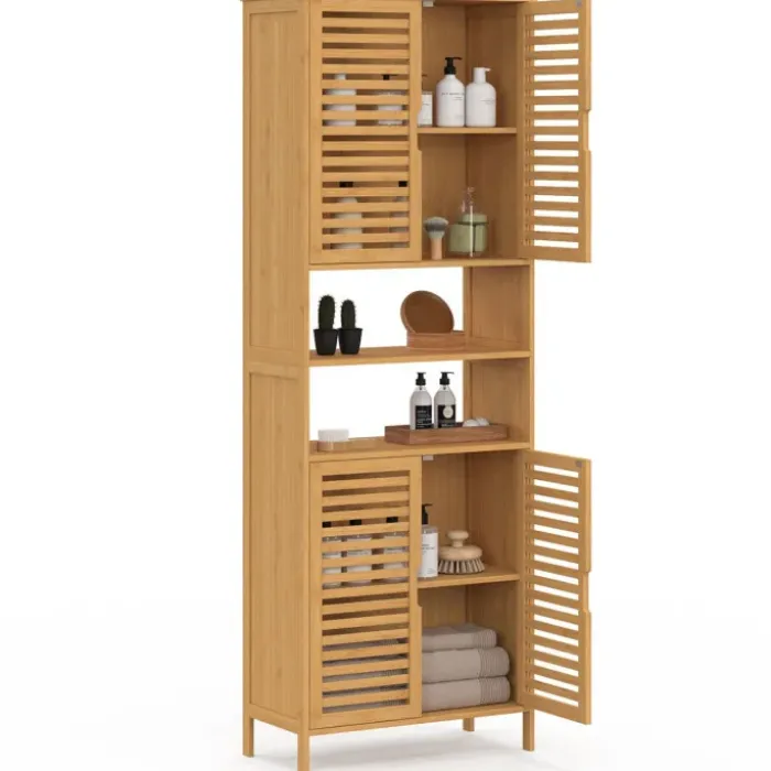 Meuble armoire colonne salle de bain 4 portes et 2 niches bambou