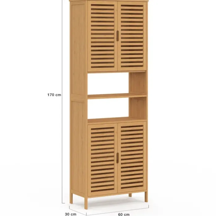 Meuble armoire colonne salle de bain 4 portes et 2 niches bambou