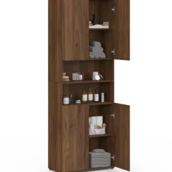 Meuble armoire colonne salle de bain 4 portes 2 niches effet noyer