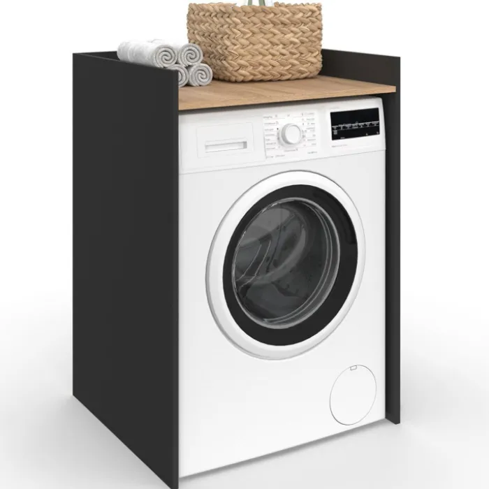 Meuble armoire pour machine à laver noir et bois façon hêtre
