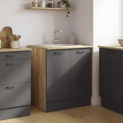 Meuble bas de cuisine 80 cm appoint 2 portes bois et noir