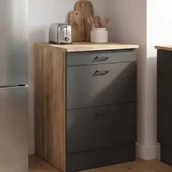 Meuble bas de cuisine 60 cm appoint casserolier 3 tiroirs bois et noir