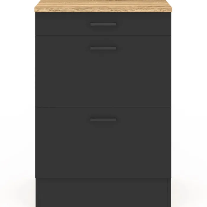 Meuble bas de cuisine 60 cm appoint casserolier 3 tiroirs bois et noir