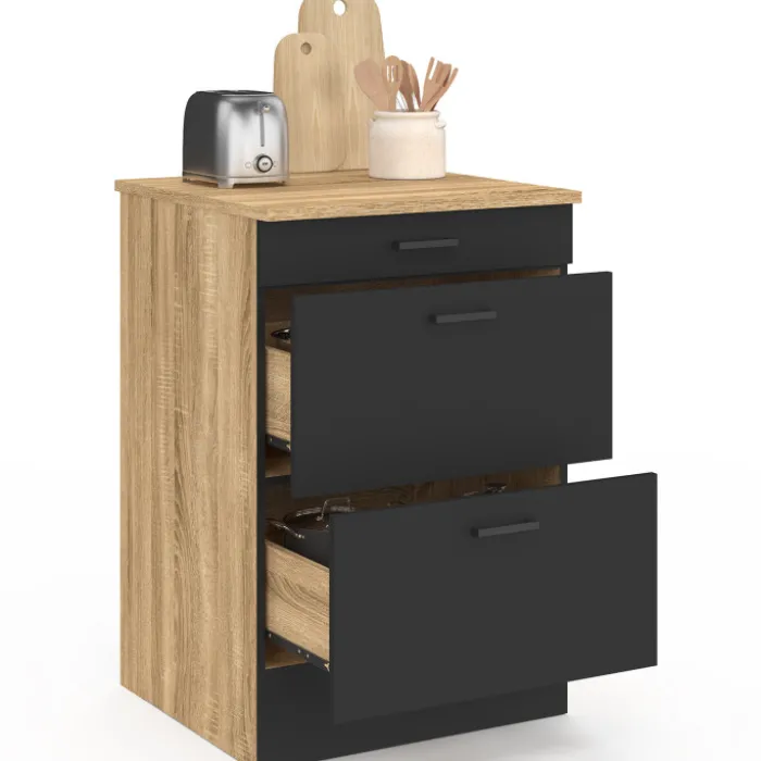 Meuble bas de cuisine 60 cm appoint casserolier 3 tiroirs bois et noir