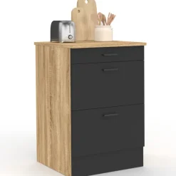 Meuble bas de cuisine 60 cm appoint casserolier 3 tiroirs bois et noir