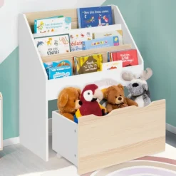 Meuble bibliothèque pour enfant blanc et hêtre avec 3 étagères et 1 bac