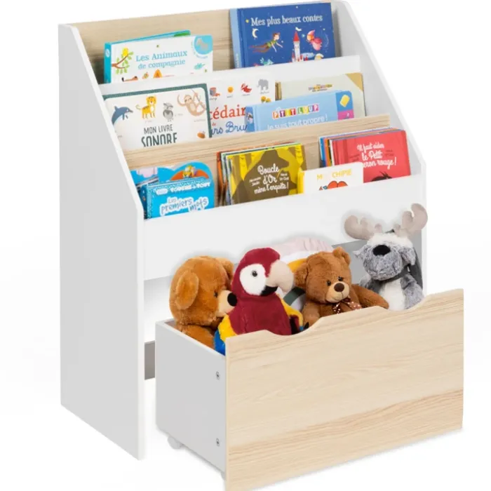 Meuble bibliothèque pour enfant blanc et hêtre avec 3 étagères et 1 bac