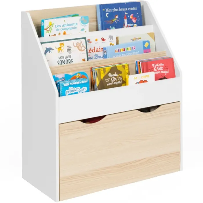 Meuble bibliothèque pour enfant blanc et hêtre avec 3 étagères et 1 bac