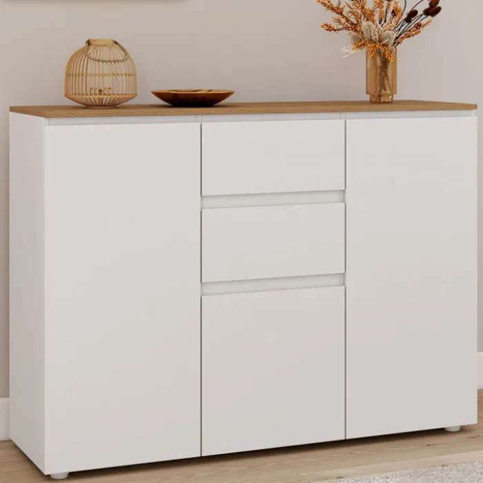 Meuble buffet 100 cm 3 portes 2 tiroirs blanc et plateau bois