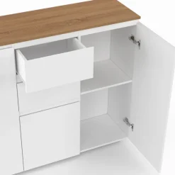 Meuble buffet 100 cm 3 portes 2 tiroirs blanc et plateau bois