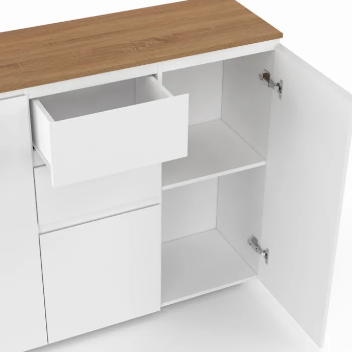 Meuble buffet 100 cm 3 portes 2 tiroirs blanc et plateau bois