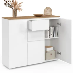Meuble buffet 100 cm 3 portes 2 tiroirs blanc et plateau bois