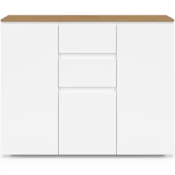 Meuble buffet 100 cm 3 portes 2 tiroirs blanc et plateau bois