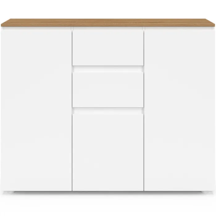 Meuble buffet 100 cm 3 portes 2 tiroirs blanc et plateau bois