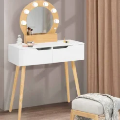 Meuble coiffeuse blanche style scandinave avec miroir LED et tiroirs
