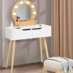 Meuble coiffeuse blanche style scandinave avec miroir LED et tiroirs