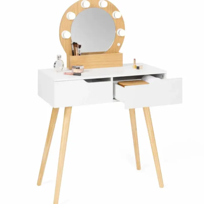 Meuble coiffeuse blanche style scandinave avec miroir LED et tiroirs