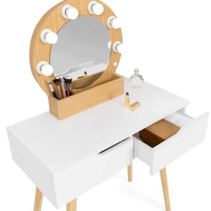 Meuble coiffeuse blanche style scandinave avec miroir LED et tiroirs