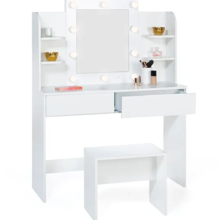 Meuble coiffeuse blanche avec miroir LED et tabouret