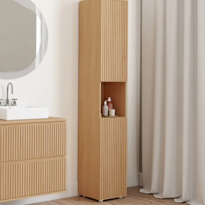 Meuble colonne de salle de bain 170 cm 2 portes 1 niche effet lattes