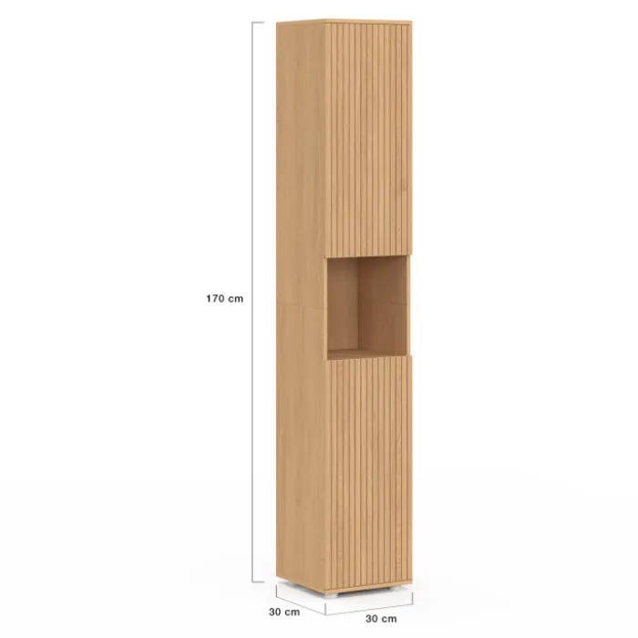 Meuble colonne de salle de bain 170 cm 2 portes 1 niche effet lattes