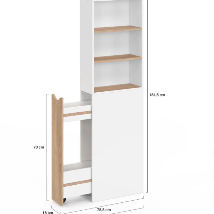 Meuble colonne salle de bain gain de place desserte 2 niveaux avec tiroirs et 3 étagères façon hêtre et blanc