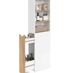 Meuble colonne salle de bain gain de place desserte 2 niveaux avec tiroirs et 3 étagères façon hêtre et blanc