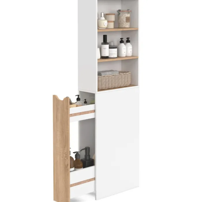 Meuble colonne salle de bain gain de place desserte 2 niveaux avec tiroirs et 3 étagères façon hêtre et blanc