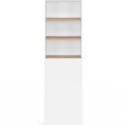 Meuble colonne salle de bain gain de place desserte 2 niveaux avec tiroirs et 3 étagères façon hêtre et blanc