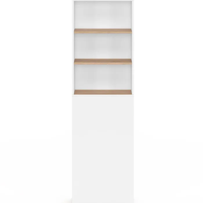 Meuble colonne salle de bain gain de place desserte 2 niveaux avec tiroirs et 3 étagères façon hêtre et blanc