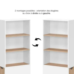 Meuble colonne salle de bain gain de place desserte 2 niveaux avec tiroirs et 3 étagères façon hêtre et blanc