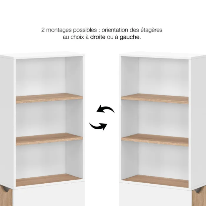 Meuble colonne salle de bain gain de place desserte 2 niveaux avec tiroirs et 3 étagères façon hêtre et blanc