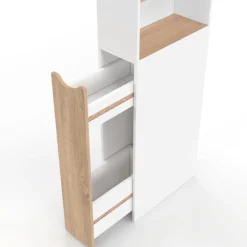 Meuble colonne salle de bain gain de place desserte 2 niveaux avec tiroirs et 3 étagères façon hêtre et blanc